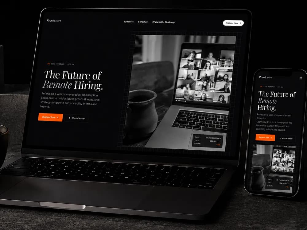 Future of Remote Hiring. Dark event landing page.