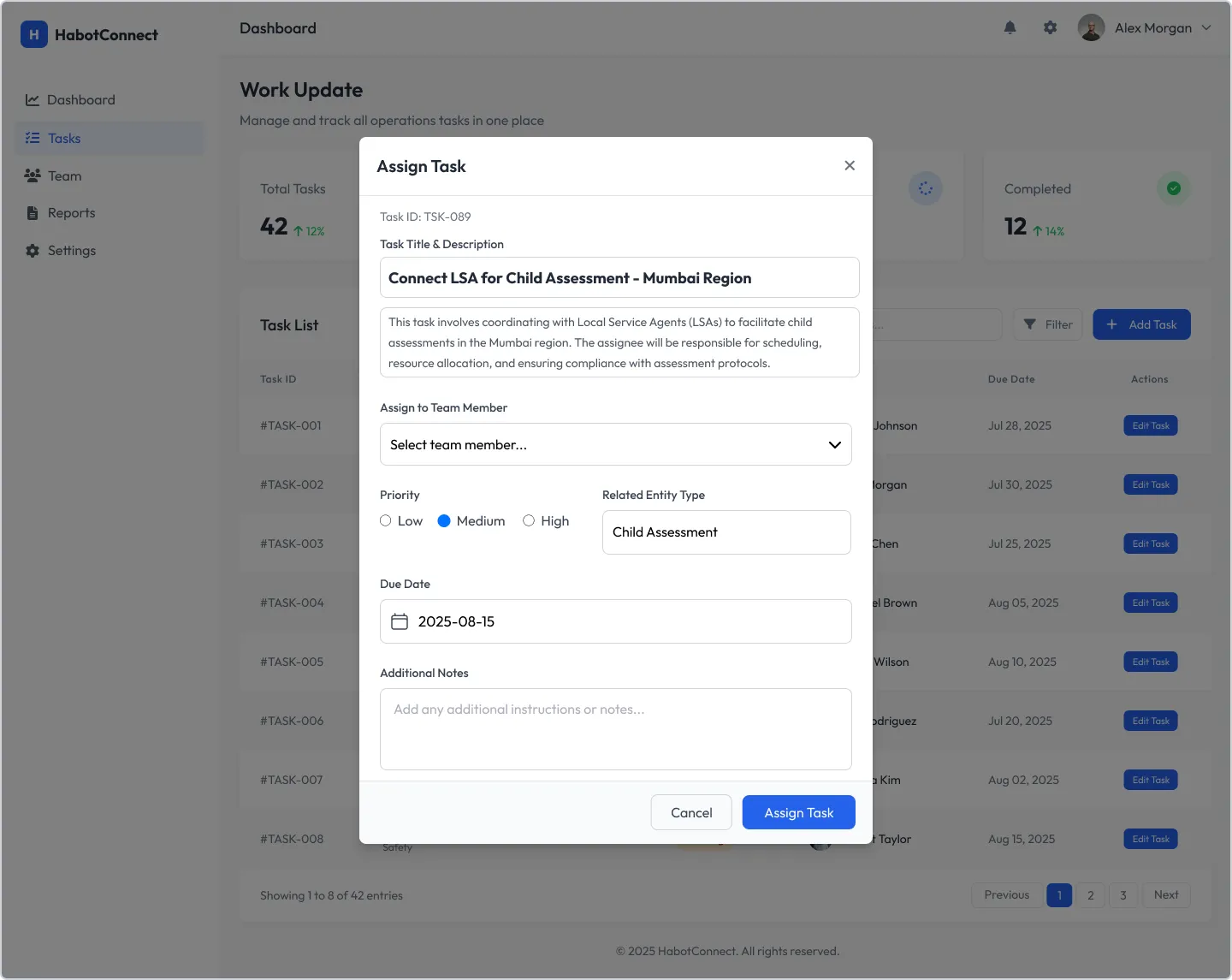 HabotConnect task assignment modal, overlaid on the still-visible task list