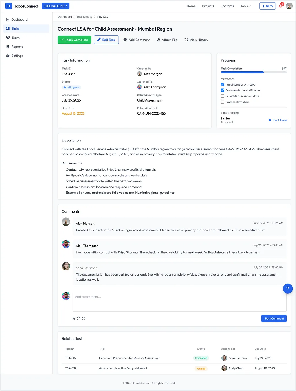 HabotConnect task detail page, using grouped cards for information, progress, comments and related work